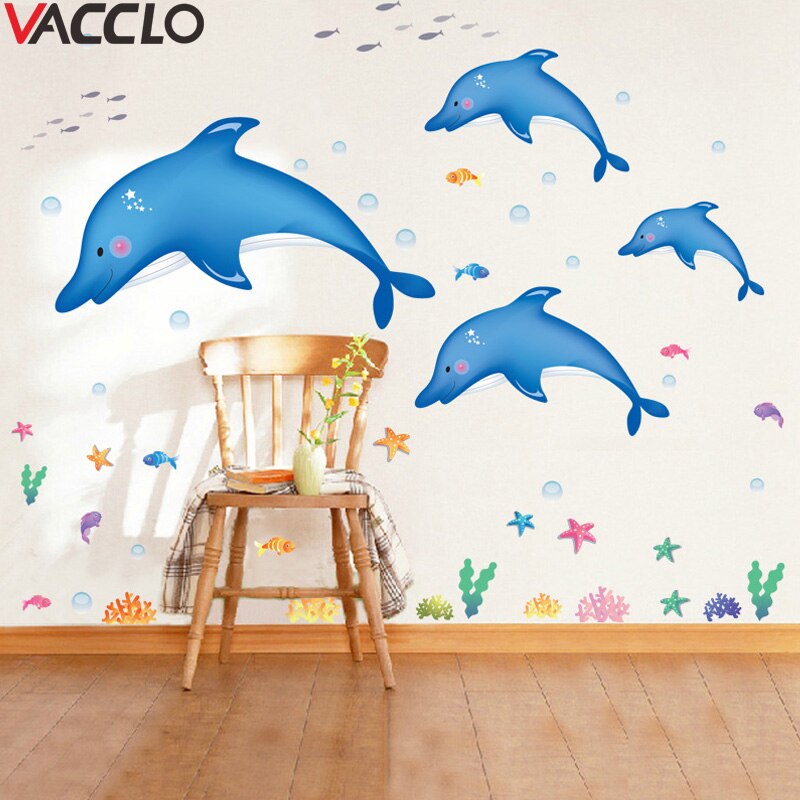 Vacclo Cartoon Dolphin Muursticker kinderen Slaapkamer Badkamer Waterdichte Achtergrond Decoratieve Stickers Muur Decor voor Kids