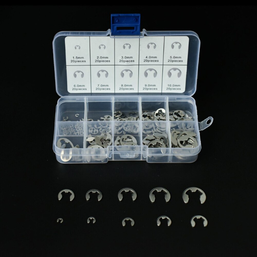 200Pcs/Box 304 Stainless Steel E Clip Circlip Washer Assortment Kit 1.5-10 mm External Retaining Ring Clip For Shaft