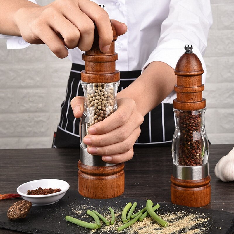2 pièces/ensemble poivre sel broyeur en bois massif et acrylique bouteille main en céramique mécanisme de meulage épices Peper cuisine BBQ Mills