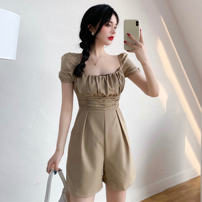 Mono plisado de verano para mujer, manga abombada corta, pantalones cortos de pierna ancha de cintura alta, monos con cuello cuadrado, mono sólido W799