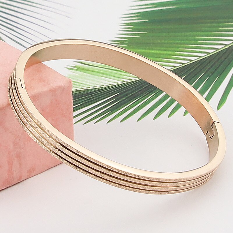 Pulsera esmerilada de acero inoxidable para mujer, brazalete con patrón de línea, de , , B-482: 6MM  Rose gold