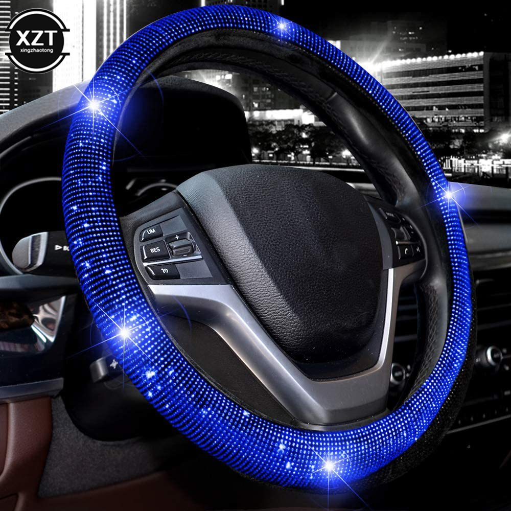 14.5-15 Inch Rhinestones Steering Wheel Cover with Crystal Diamond Sparkling Car Breathable Anti-Slip Steering Wheel Protector