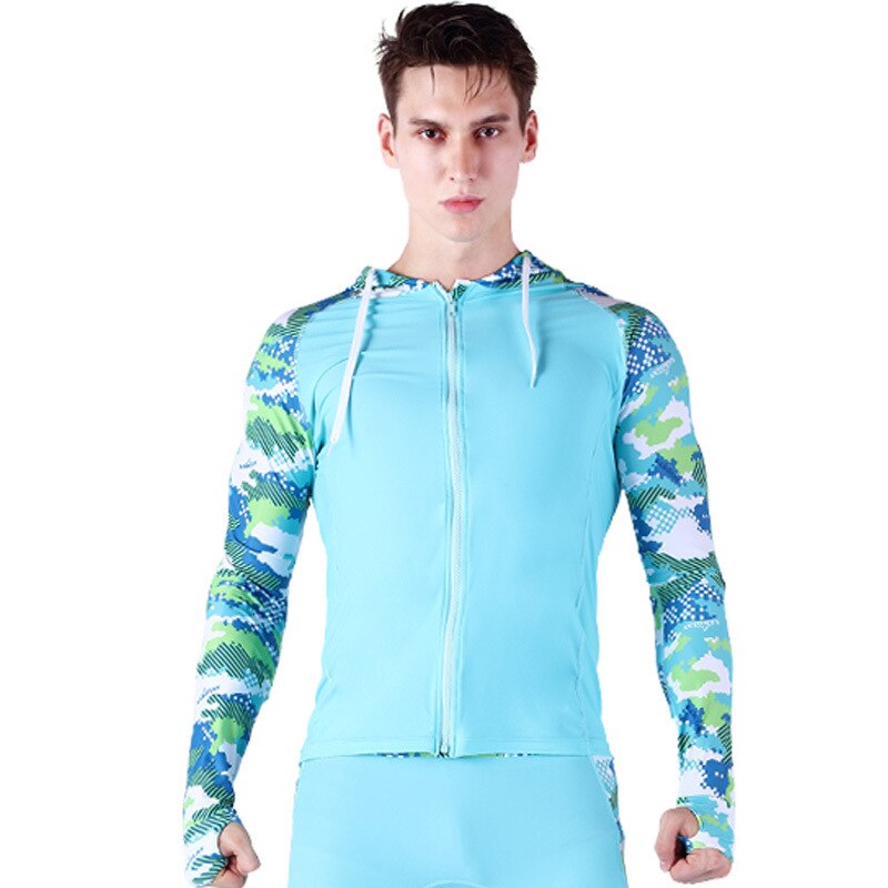 SABOLAY Compression Men's Rash Guard Swimsuit Hooded Shirt with Zipper UV Protection Long Sleeves Surfing shirts Swimwear shorts