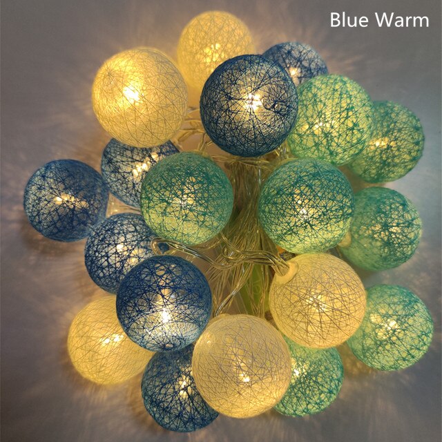 Guirnalda de bolas de algodón para decoración navideña, 20 luces LED de 2,2 M, 3,5 CM de diámetro, lámpara de cama para casa, de boda y vacaciones: Blue warm / By Battery