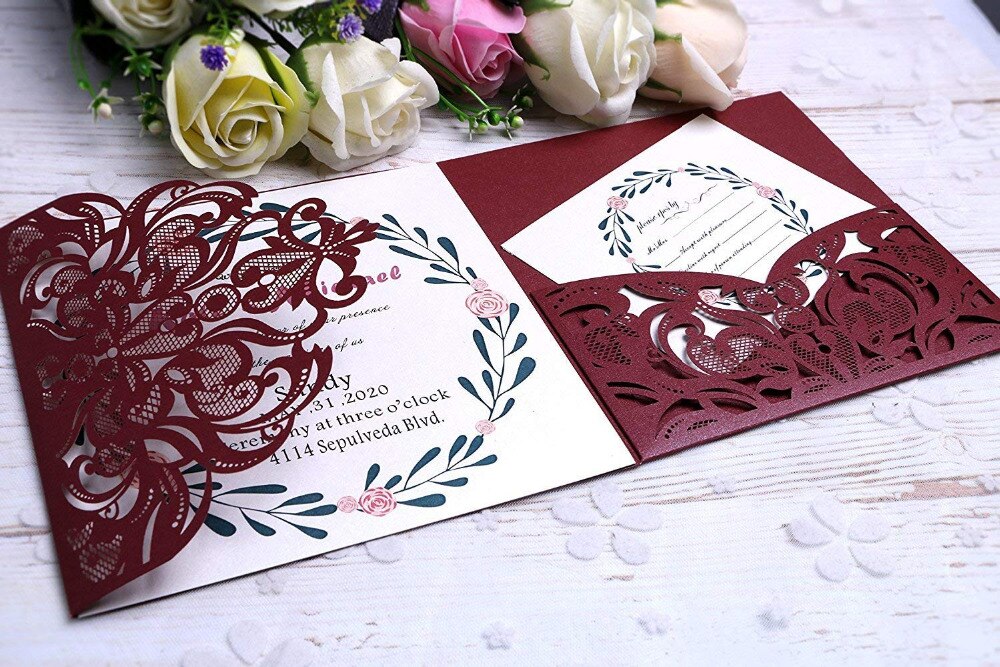 PONATIA 3 Folds Invitation Cards for Wedding Birthday Engagement Greeting Invitations Cards+ Free RSVP Cards (Burgundy )