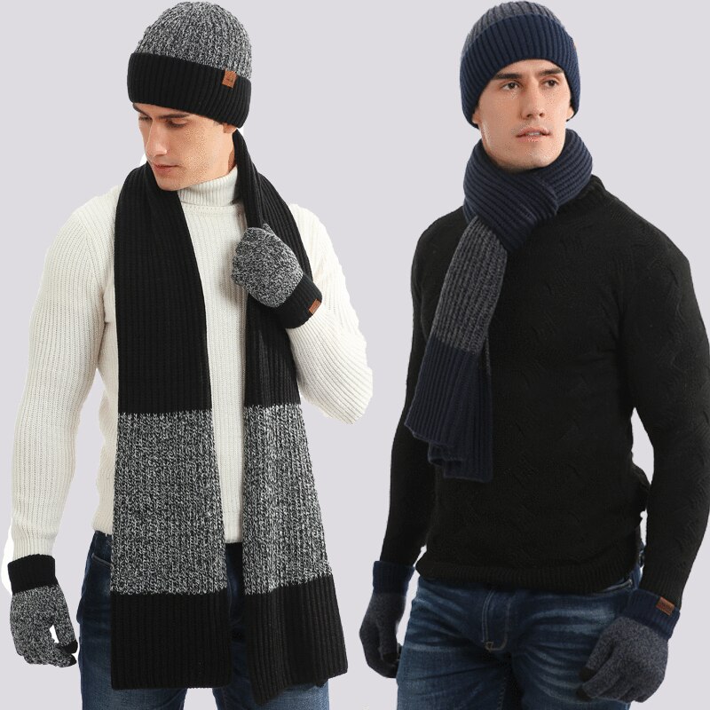 Écharpe épaisse en laine pour homme, chapeau , trois pièces, automne et hiver