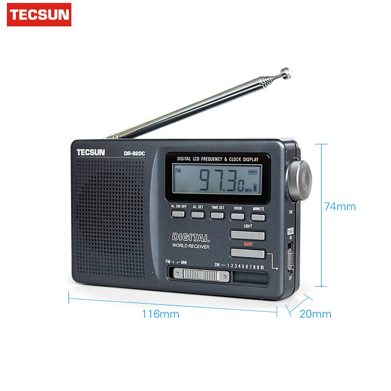 Tecsun DR-920C Radio FM MW SW 12 Band Digitale Klok Alarm Ontvanger & Backlight FM Draagbare Recorder Grey Y4139H