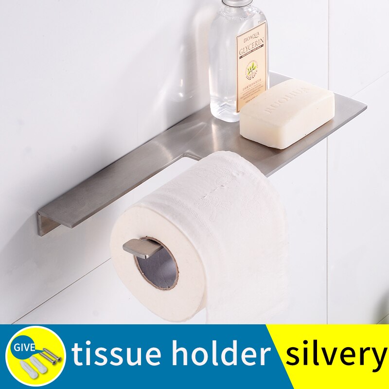 Toiletpapirholder sort rustfrit stål badeværelsesrulleholder vægmonteret fortykket serviettholder vaskerumshampoohylde: Sølvfarvet
