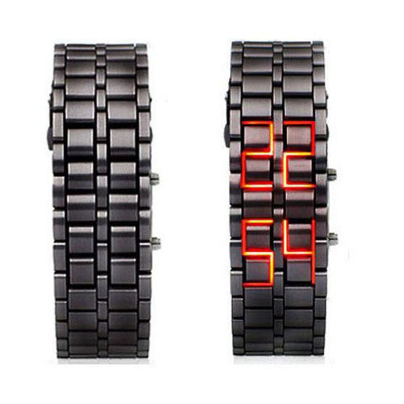 TIke Toker Mode Zwarte Volledige Metalen Digitale Lava Polshorloge Iron Metalen Rode LED Samurai voor Mannen Boy Sport Eenvoudige Wathes: Black and Red Light