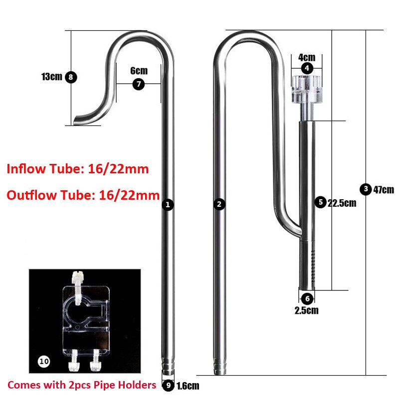 Aquarium Fish Tank Stainless Steel ADA Style Inflow Outflow Lily Pipe with Surface Skimmer