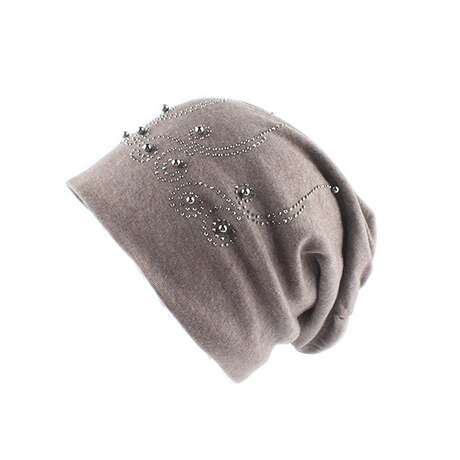 Parel wintermuts dames effen kleur strass skullies mutsen dames herfst mutsen zachte warme katoenen mutsen dames: Khaki