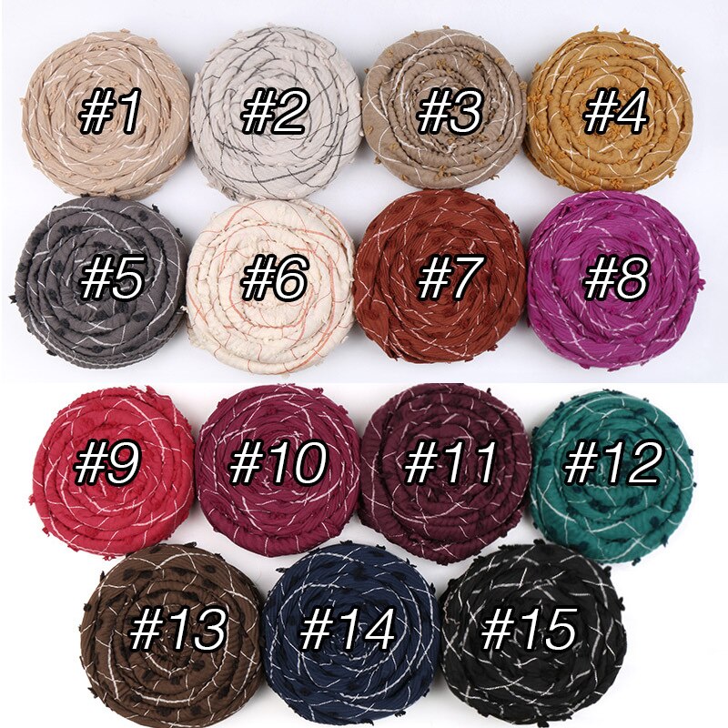 Kvinder fuld plisseret crush bomuldstørklæde muslimske hijabs sjaler tern stribede plaider fuzzy ball shawl hovedtørklæde wraps tudung tørklæder