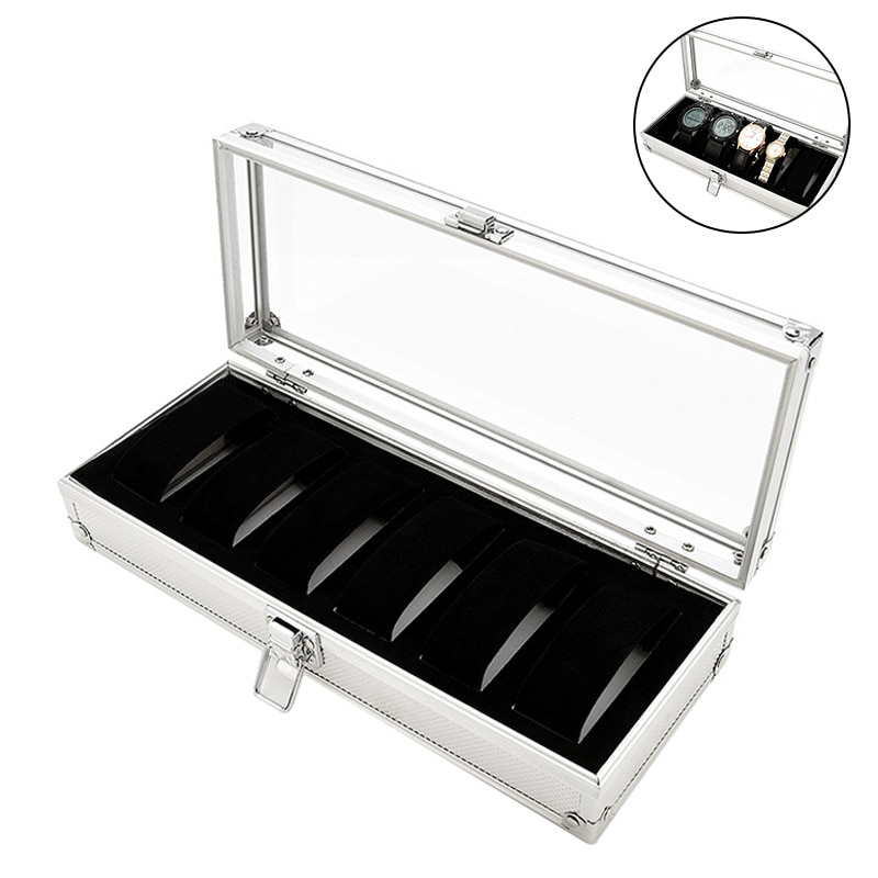 6 Slots Watch Box Aluminum Display Case Organizer Jewelry Storage Tray M8694