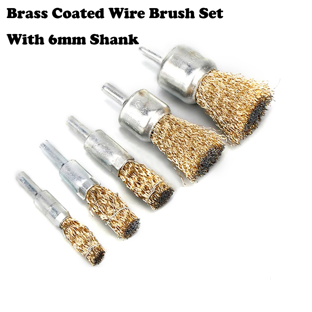 3/5/6 Uds 6mm 1/4 "vástago latón plateado alambre de acero al carbono taza/rueda/cepillo final taladro herramientas rotativas eliminación de óxido de Metal pulido limpio