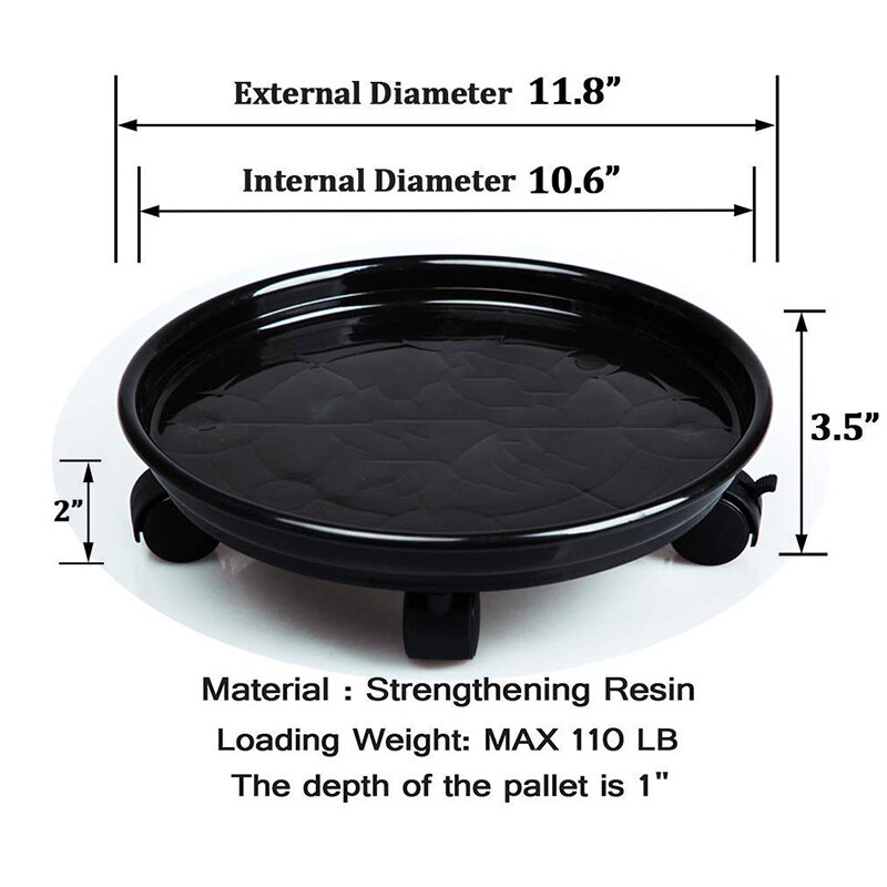 Le chariot extérieur d'intérieur de planteur roule le support rond de Pot de fleur sur le support de chariot de rouleaux sur l'usine résistante de roues, 10.6 pouces, Blac