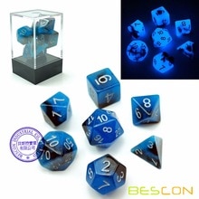 Bescon Twee-Tone Glow-In-The-Dark Polyhedrale Dobbelstenen Set Blauw Dawn, lichtgevende Rpg Dobbelstenen Set D4 D6 D8 D10 D12 D20 D % Baksteen Box Pack