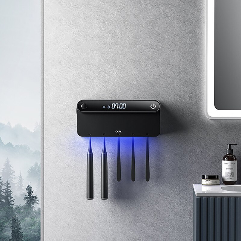 UV Toothbrush Holder Sterilizer Wall Mounted Intelligent Timming Disinfection Toothbrush Disinfectant Holder With LED Displayed: Black