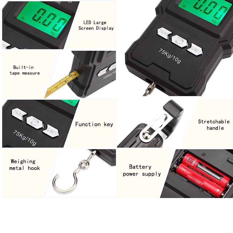 Báscula Digital con cinta métrica para equipaje, viaje, peso, Steelyard, colgar, balanza de gancho electrónica, retroiluminación LCD de herramientas de peso