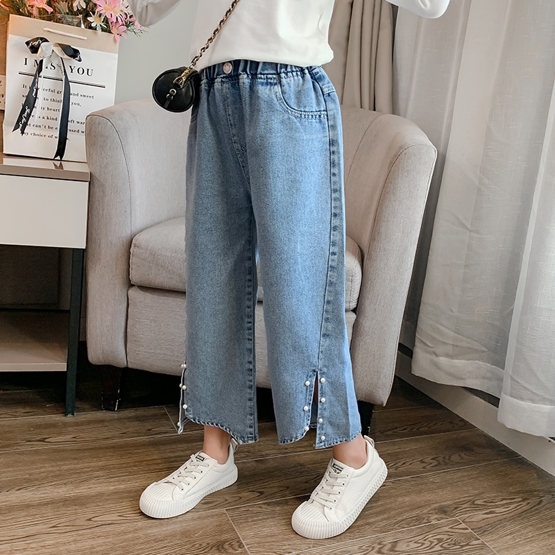Süße freundlicher Jeans Mädchen Hosen Asymmetrie Perle schlitz breite bein Jeans freundlicher Kleidung Für 3 4 5 6 7 8 9 10 11 12 13 jahre Mädchen Jeans