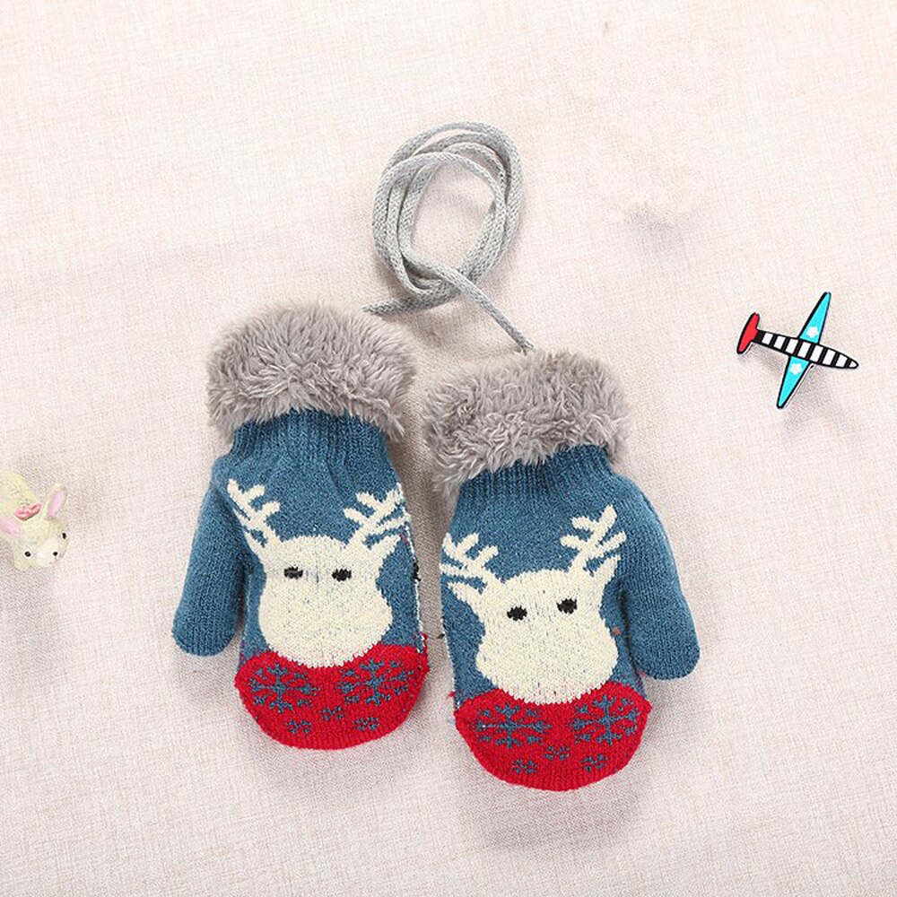 1 par adorável dos desenhos animados cordão luvas de malha natal elk grosso pelúcia quente luvas crianças meninos da menina luvas inverno ao ar livre: lake blue