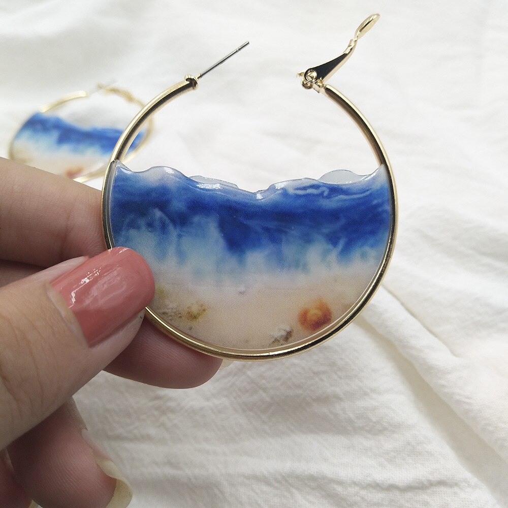 Fairy Blue Ocean Hoop Earrings Sea Earrings Female Beach Earrings Enamel Sea Shell Big Circle Earrings Summer Jewelry