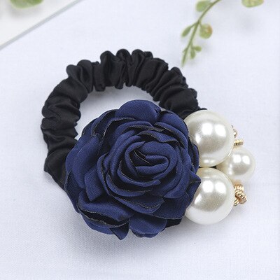 coréenne cheveux accessoires grande perle Rose fleur cheveux cravate camélia cheveux corde coiffe diamant-clouté élastique: Bleu profond