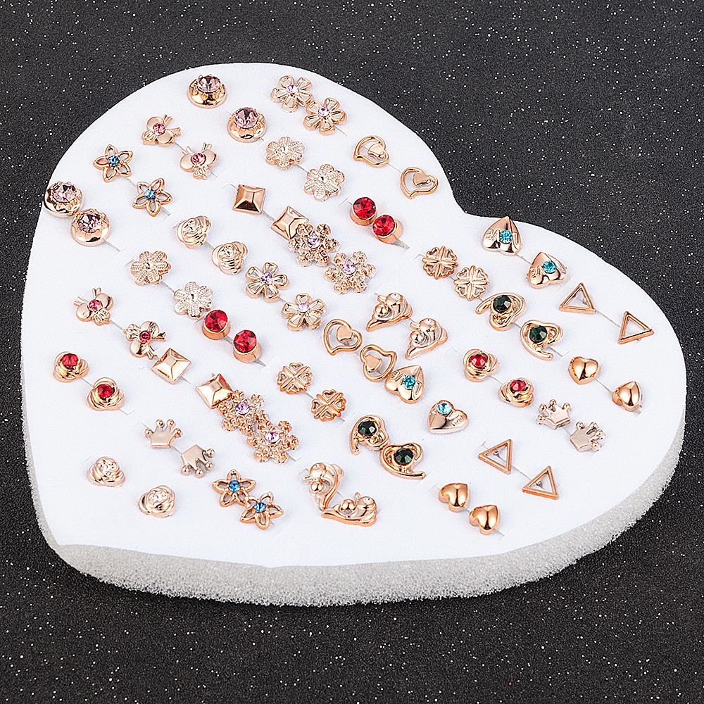 12~36 Pairs Women Girls Resin Plastic Crystal Diamante Flower Stud Earrings Set Random Style Gold Color Jewelry