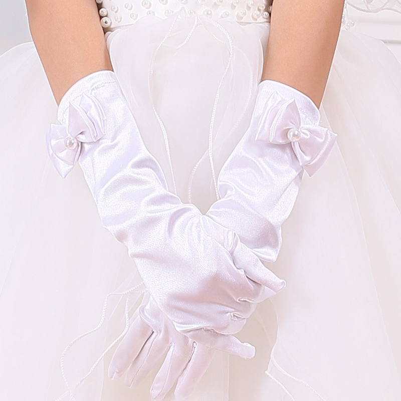 Long Princess Dance Stage Gloves Satin Kids Girls Wedding Dress Costume Accessories with Bow Children &#39;s Day Birthday Xmas