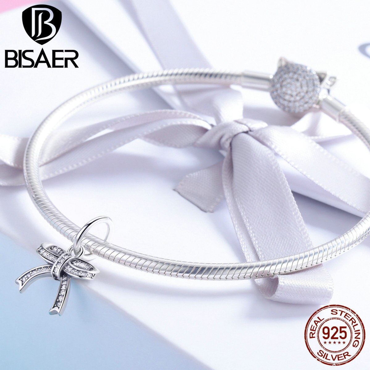 BISAER Real 925 Sterling Silver Dazzling Bowknot Charms Bowknot Clear CZ Beads Fit for Bracelet Silver 925 Jewelry Making ECC775