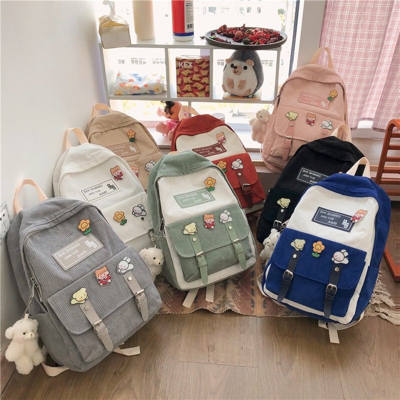 Cute Corduroy Backpacks for School Teen Girls Patchwork Colorful Bagpack Kids School Bags Double Buckles Travel Knapsack H246