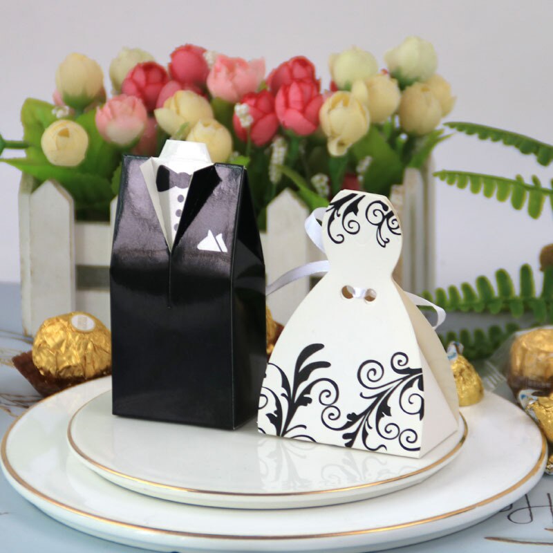 100Pcs Bruid En Bruidegom Bruiloft Gunst En Zak Snoep Box Diy Met Lint Bruiloft Decoratie Souvenirs Feestartikelen tassen: Pattern dress