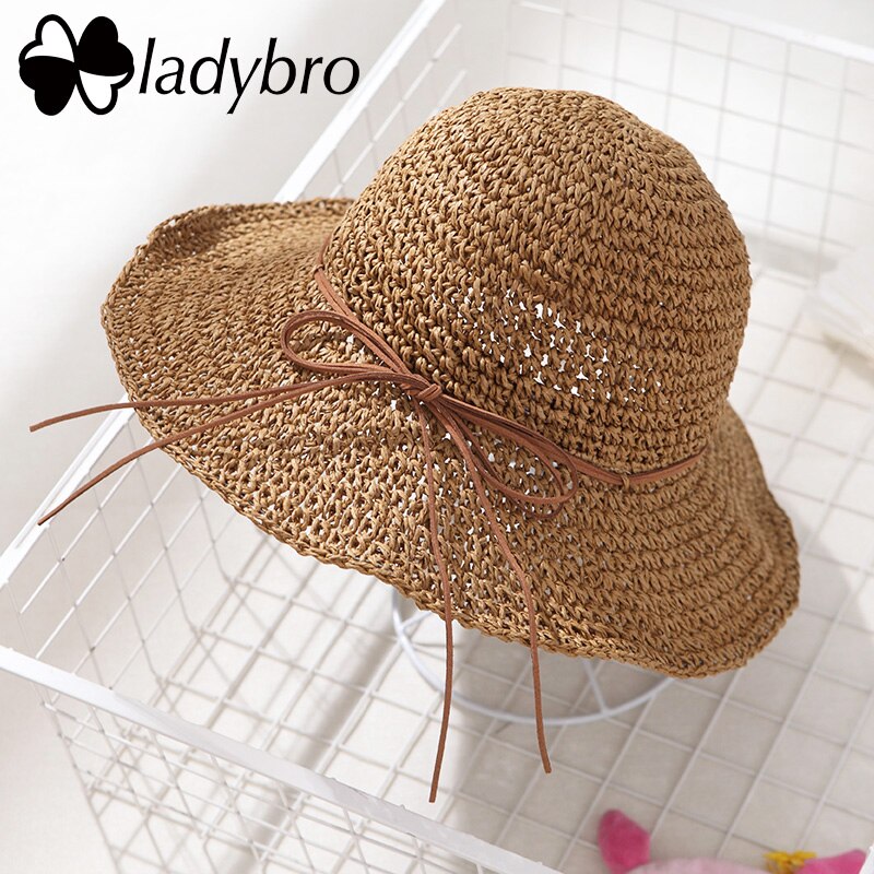 Ladybro Brand Ladies Sun Hat For Women Bowknot Raffia Straw Hat Foldable Summer Hat Wide Brim Beach Hat Female Chapeau Femme