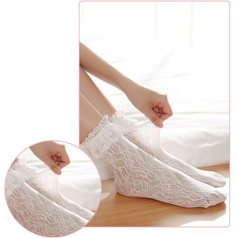 Lolita niñas calcetines de encaje mujeres niñas blanco encaje corto calcetines al tobillo con volantes