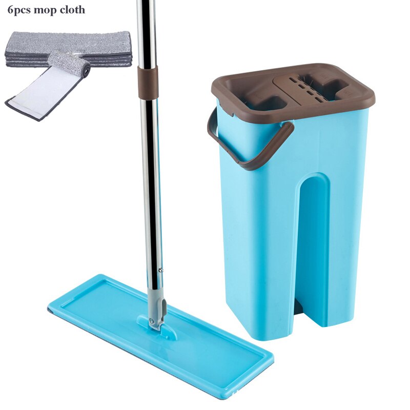 Flat Hand Free Wringing Squeeze Mop with Bucket Floor Cleaning Mop of Microfiber Mop Cloth Wet Dry For Kitchen Tile Wooden Floor: blue 6 mob cloth