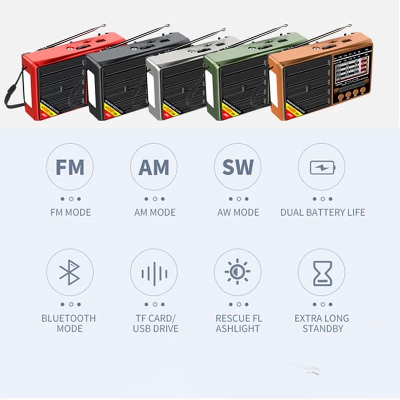 Bärbar radio fm/am/sw fullbandsmottagare uppladdningsbar radio tf/usb musikspelare med lcd-skärm led-ficklampa