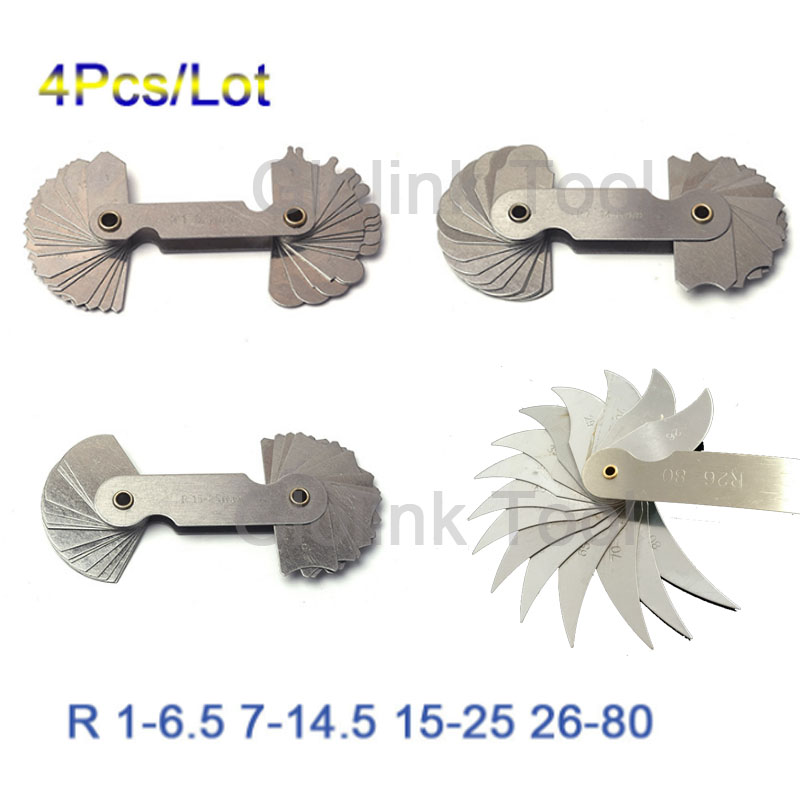 4 Pcs Radius Gauges Set R0.3-1.5/R1-7mm/R7.5-15mm/R15.5-25mm Stainless Steel R1-6.5 7-14.5 15-25 26-80 Concave Convex arc tools