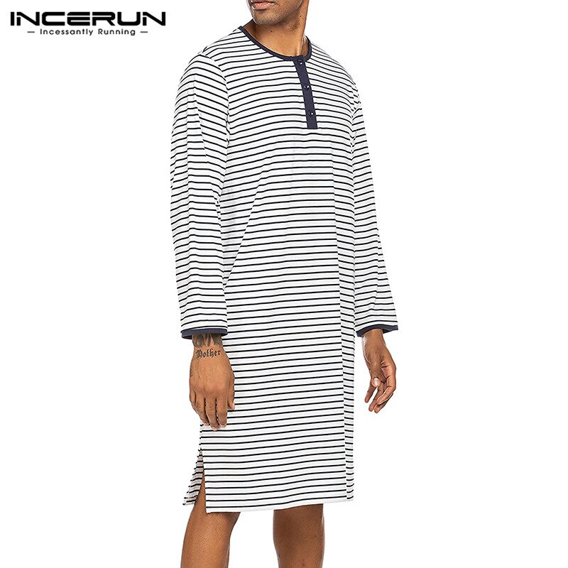 INCERUN Striped Men Sleep Tops Long Sleeve Breathable Casual O Neck Comfortable Dressing Gown Loose Sleepwear Mens Homewear