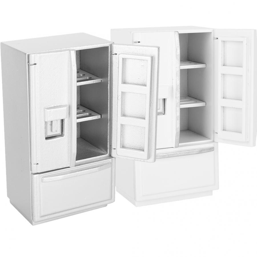 Simulation Refrigerator 1:12 Dollhouse Furniture Mini Birch Wooden Double Door Deck Refrigerator for Doll House Accessory