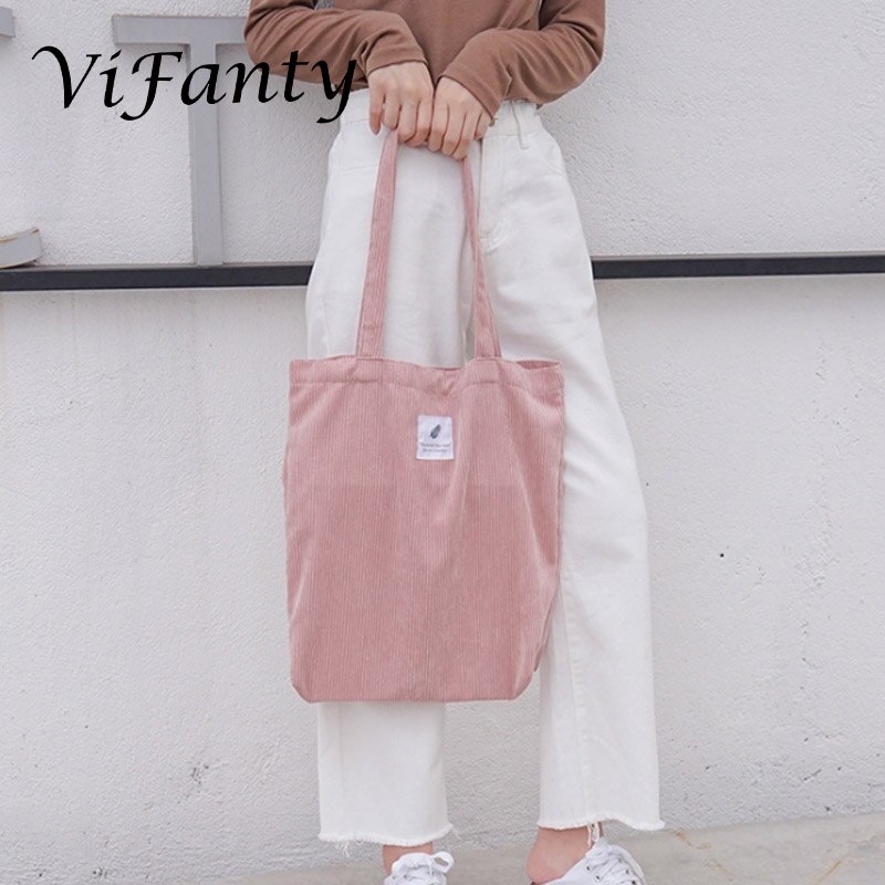 Meisjes Vrouwen Corduroy Boodschappentas Canvas Doek Schoudertas Milieu Opslag Handtas Herbruikbare Eco Grocery Totes Tas: Pink