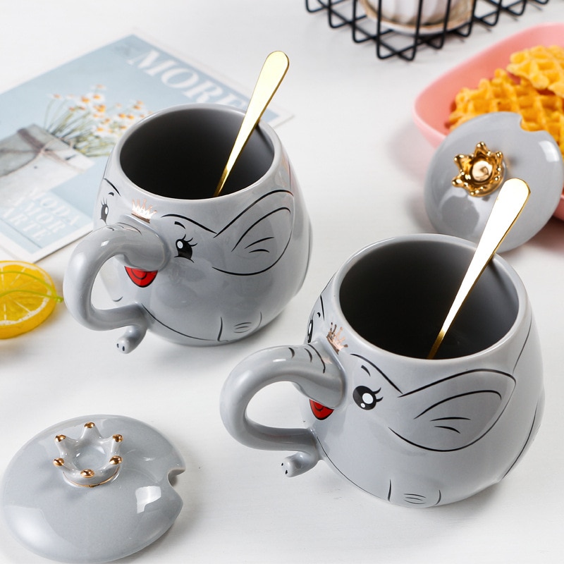 Cartoon Stereo Relief Elephant Ceramic Coffee Mug With Lid Spoon Home Office School Milk Tea Water Mugs Drinkware Cup