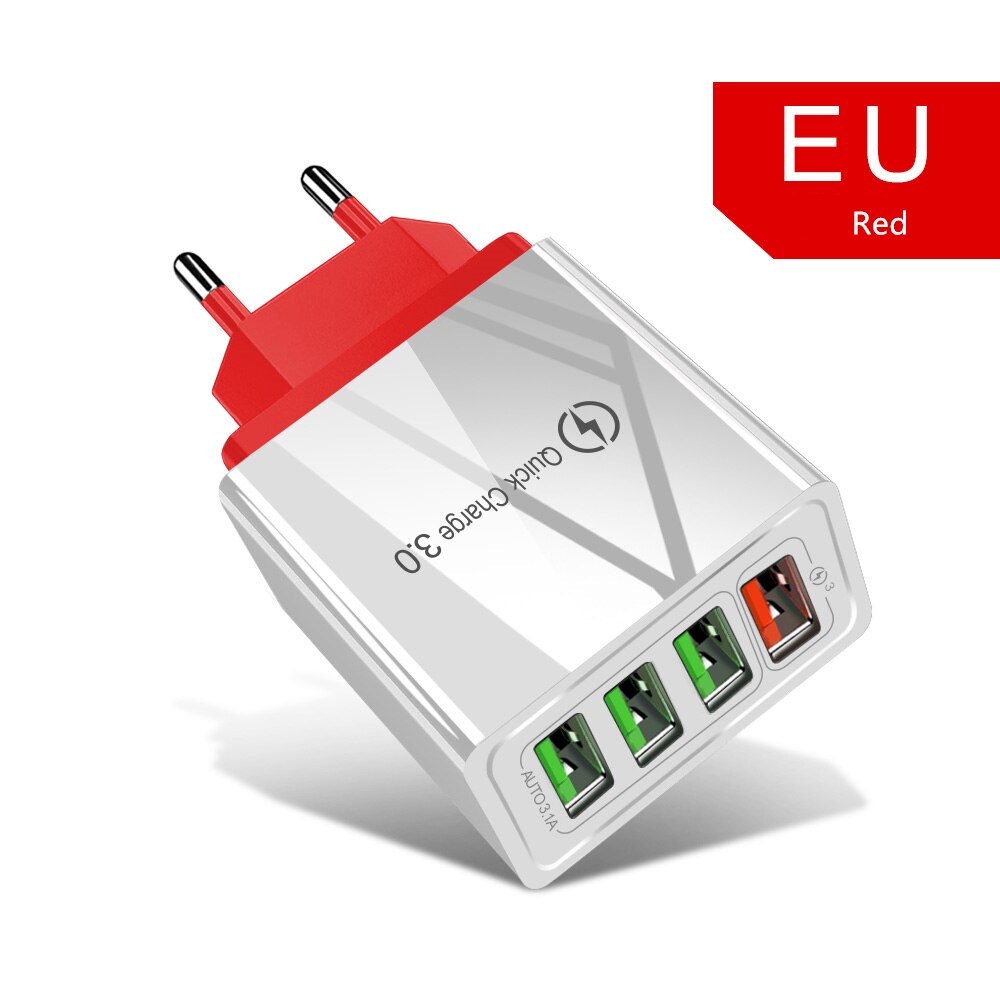 Cargador de teléfono USB de carga rápida, adaptador de carga rápida de 60W, 3,0, 4,0, de pared, 4 puertos, 5V, 3.1A, para iPhone X, 7, Samsung A50, Xiaomi: 4 Port EU Charger / 4U Red