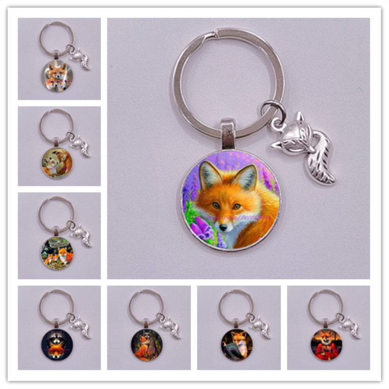 Porte-clés en verre, renard et fleur de dessin animé pour femmes, joli Animal coloré pour filles