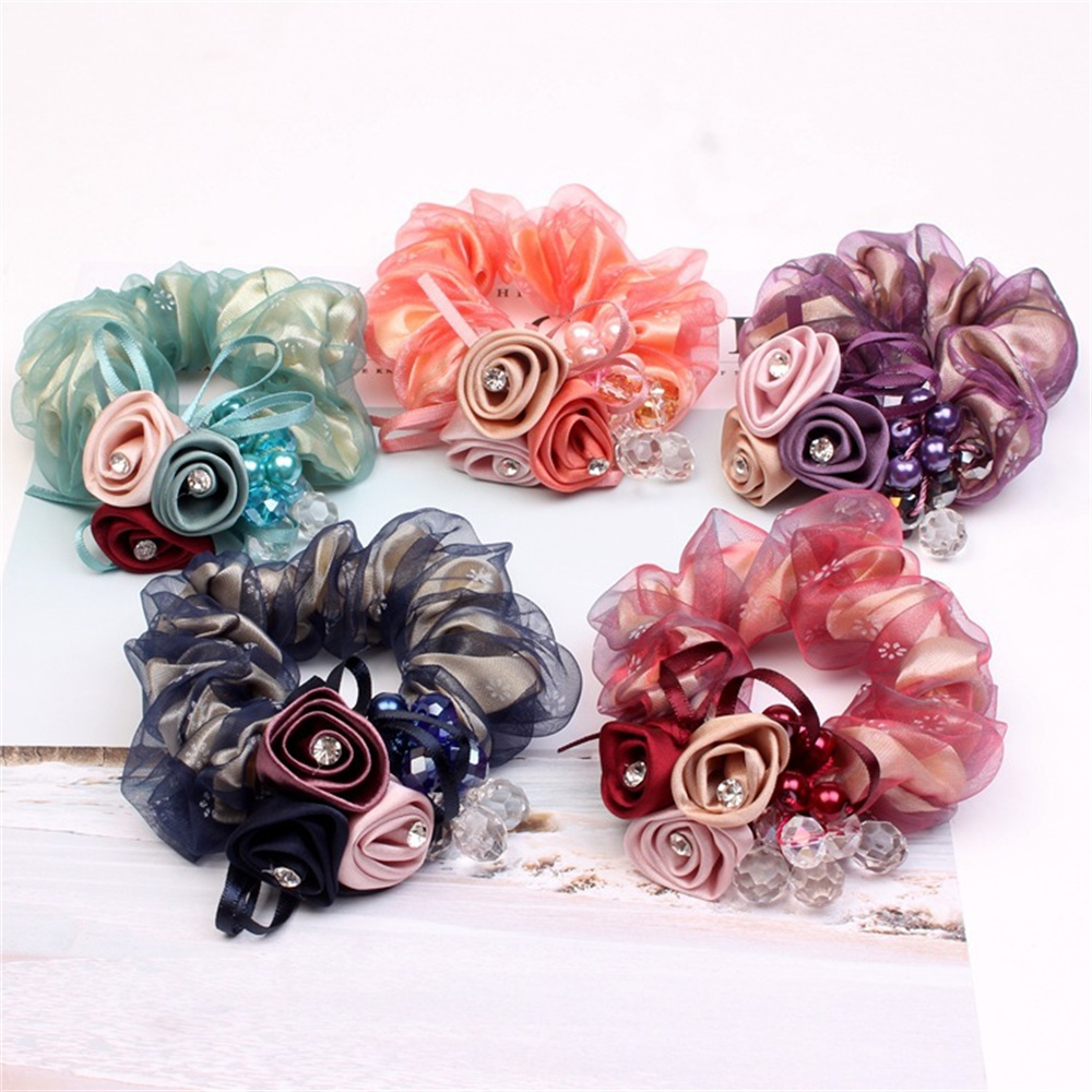 coreana, cuerda para el cabello con perlas, banda para el cabello con flores rosas, lazos para el cabello con diamantes de imitación, banda de goma, joyería para el cabello, accesorios para el cabello para mujer