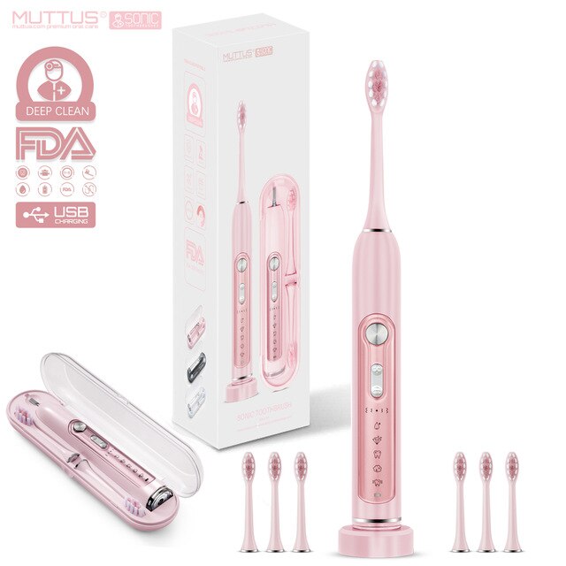 Premium Electric Toothbrush & Sonic Toothbrushes, MUTTUS, 5 Modes 15 Brushing Experience, 6 Brushheads, Travel Case Enable: Pink