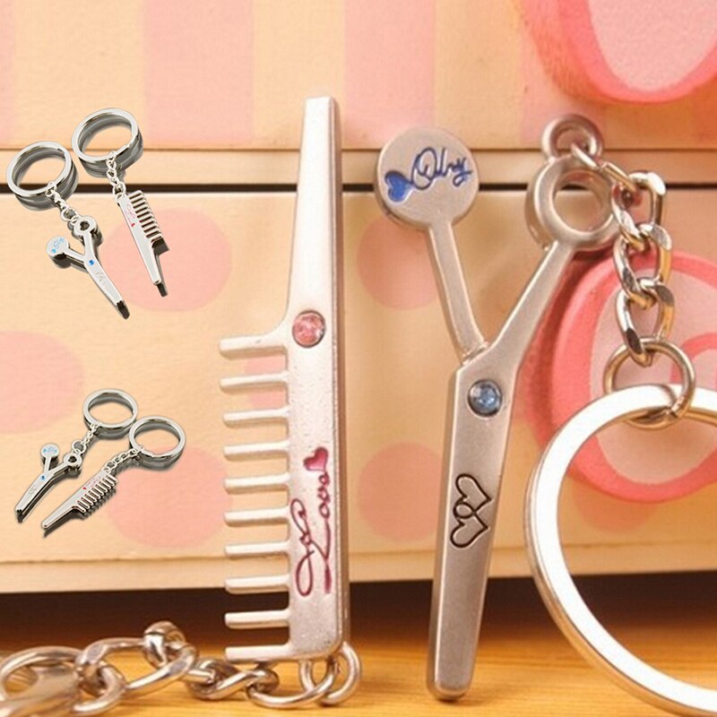 1 paire peigne ciseaux incrustation strass jouet porte-clés Couple porte-clés pochette, porte-clé couple peigne chapeau ciseaux environ 10.4cm