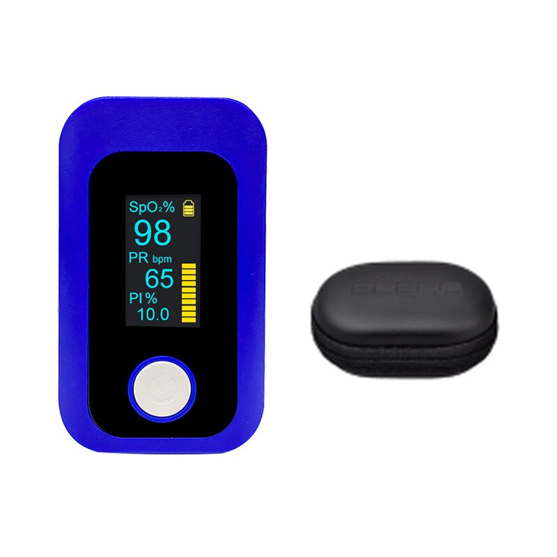 Portable Finger Pulse Oximeter SPO2 PR PI Digital Oximetry with OLED Screen Alarm Function: dark blue and case