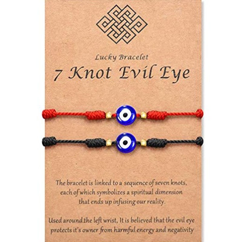 Pulseras de cuerda de 7 nudos hechas a mano, pulseras de cuerda roja con abalorios de mal de ojo, pulsera de Amistad tejida ajustable apilable