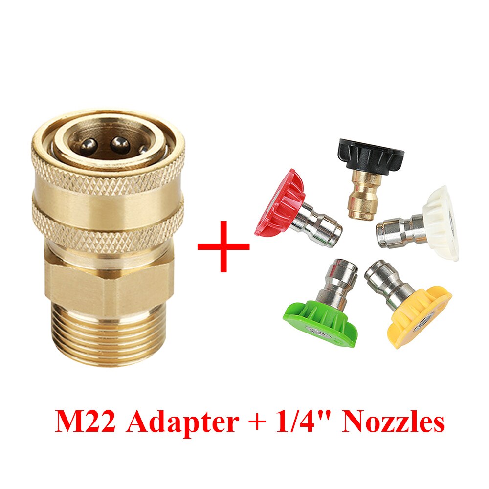 Korkeapainepesurin kupariliitin adapteri  m22 uros 1/4 &quot; naaraspuolinen pikaliitäntäsovitin &amp; 5 kpl autonpesusuuttimia