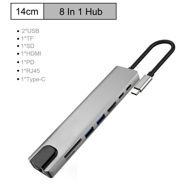 Concentrador de red USB tipo C 8 en 1, adaptador multipuerto tipo C con puerto HDMI 4K, puerto Ethernet 1000Mbps RJ45, de energía USB-C, lectura de tarjeta TF/SD