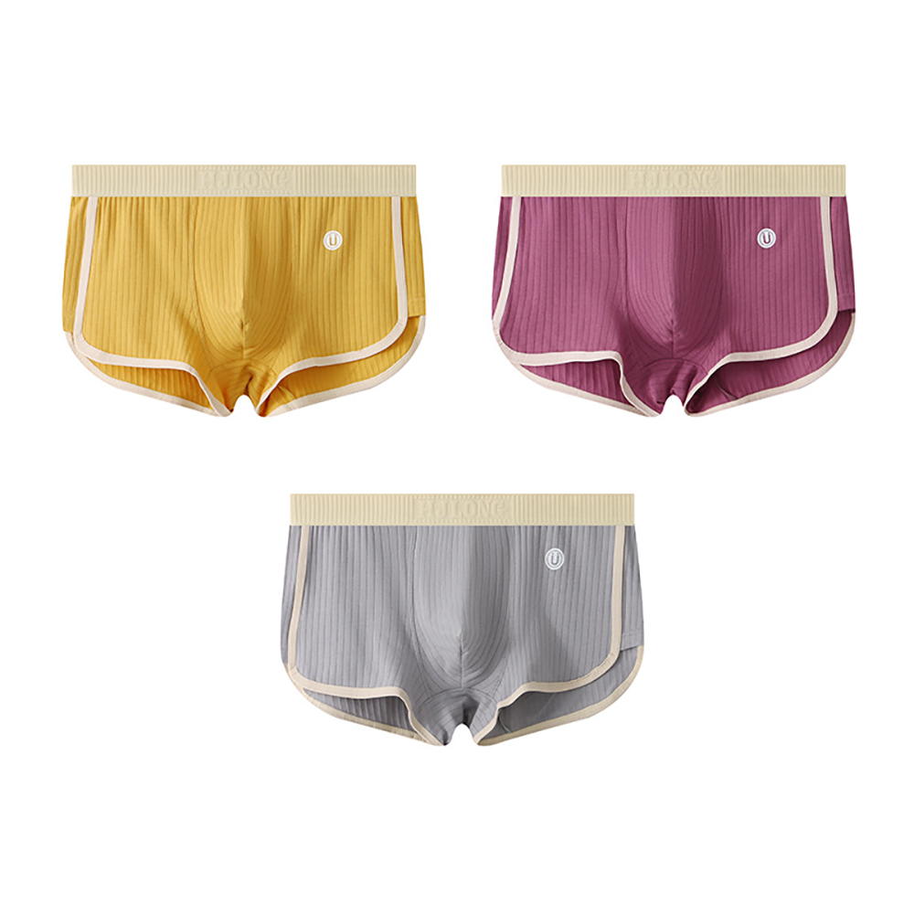 3PCS/Pack 100% Cotton Solid Striped Men's Boxer Sexy Breathable Mesh U Crotch Underwear High Elastic Widen Waistband Underpants: XXL / Blue